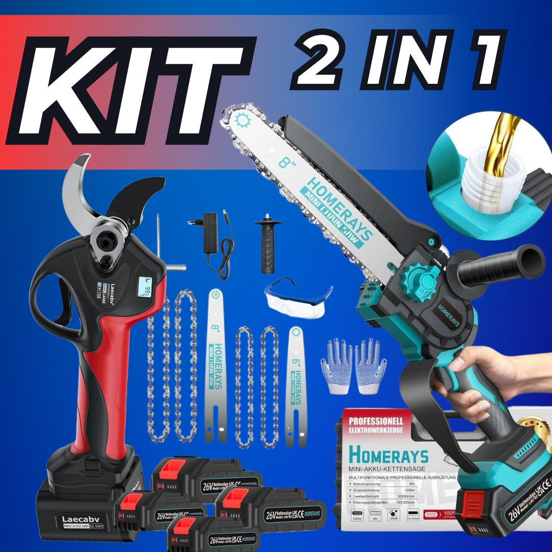 Kit Potatura 2in1 - Forbice Cesoia + Motosega + 4 Batterie 48V